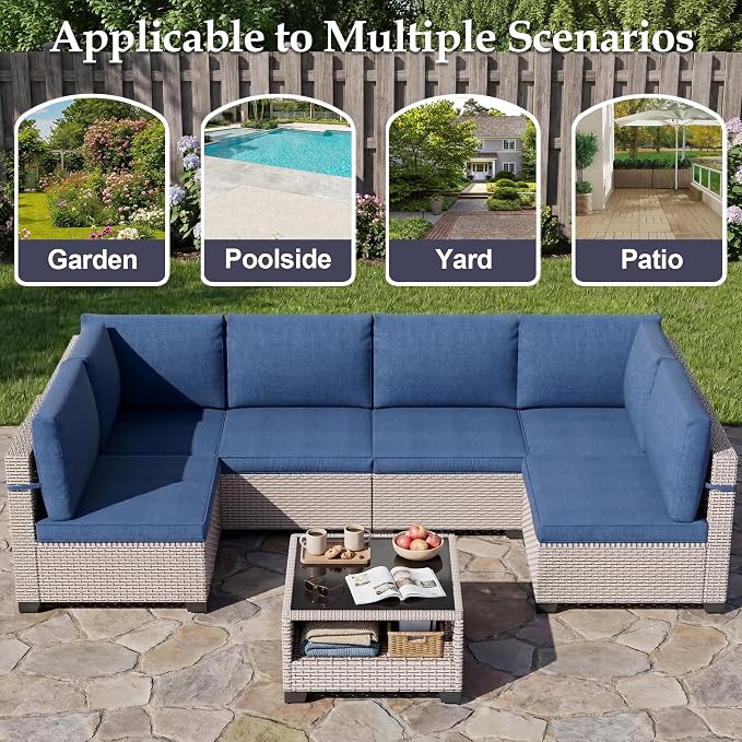 Patio Furniture Set, 8-Piece Outdoor Sectional Sofa with 60,000 BTU Fire Pit Table & 2-Layer Glass Coffee Table, Wicker Patio Conversation Set with Blue Cushions