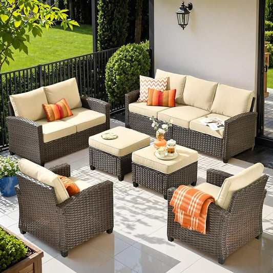 ovios 6 Pieces Patio Furniture Set, Outdoor Wicker Sofa Couch with Loveseat Comfy Cushions, All Weather Brown Rattan Conversation Set for Backyard Deck Porch, Beige