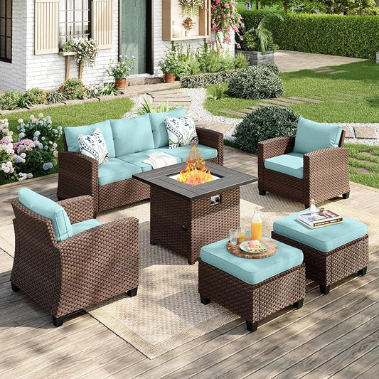MIXPATIO Patio Furniture Set, 6 Pcs Wicker Rattan Outdoor Conversation Set, 2 x Leg Chairs, 1 x 3 Seater Sofa and 2 x Ottoman with 4" Thick Cushion and 32" Fire Pit Table, Blue