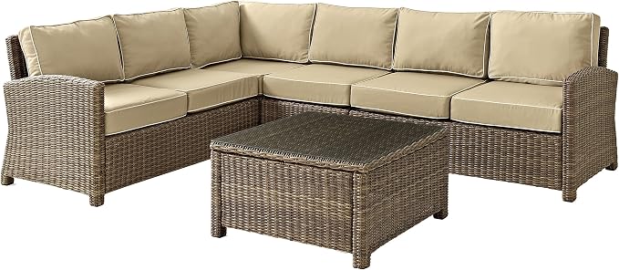 Crosley Furniture Bradenton 5-Piece Outdoor Sectional Sofa Wicker Conversation Patio Furniture Set for Deck, Brown with Sand Cushions
