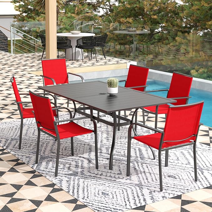 Anmutig 7-Piece Outdoor Dining Set, Powder Coated Steel Table with 6 Stackable Chairs, Red Textilene, 63 x 38 Inch Table