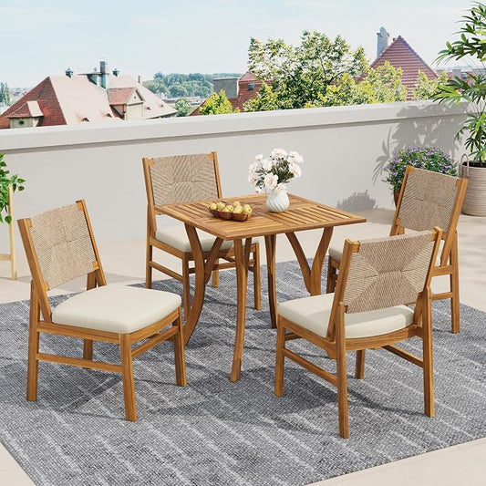 Christopher Knight Home 5 Piece Outdoor Dining Set Acacia Wood Square Table and 4 Light Brown Wicker Chairs with Cream Cushions Teak Finish Patio Furniture Set for Garden Backyard Balcony
