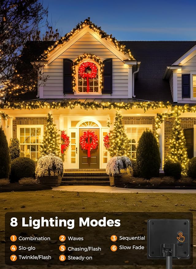 Minetom Solar String Lights Outdoor Waterproof, 2 Pack Total 144FT 400 LED | Solar Powered String Light with 8 Lighting Modes, Waterproof Patio Lights, Christmas Outdoor Lights for Tree Yard, Warm White