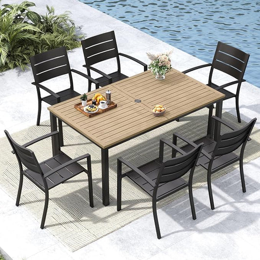 MFSTUDIO Patio Dining Set for 6, Metal Patio Table and Chairs Set with Umbrella Hole, 7 Piece Outdoor Furniture Dining Set for Deck Backyard Garden