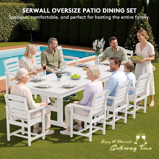 SERWALL Outdoor Large HDPE Dining Table, 84" Rectangular Dining Table for 6-8 Person, All Weather HDPE Outdoor Furniture for Backyard, Garden, White