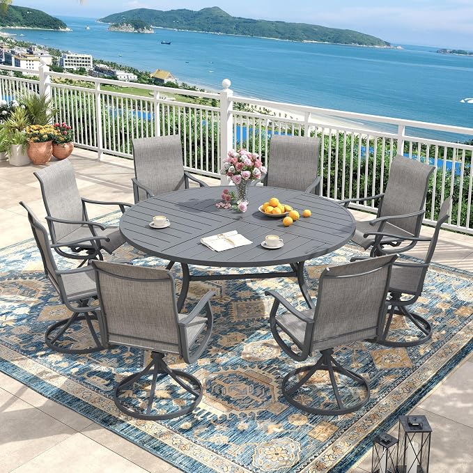 Outdoor Dining Set for 8, 60.1" Metal Round Outdoor Dining Table with Umbrella Hole and Sling Patio Swivel Chairs, 9 Pieces Patio Table and Chairs Set for Garden Backyard, Grey and Dark Grey