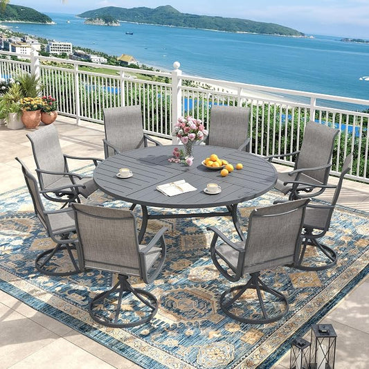 Outdoor Dining Set for 8, 60.1" Metal Round Outdoor Dining Table with Umbrella Hole and Sling Patio Swivel Chairs, 9 Pieces Patio Table and Chairs Set for Garden Backyard, Grey and Dark Grey