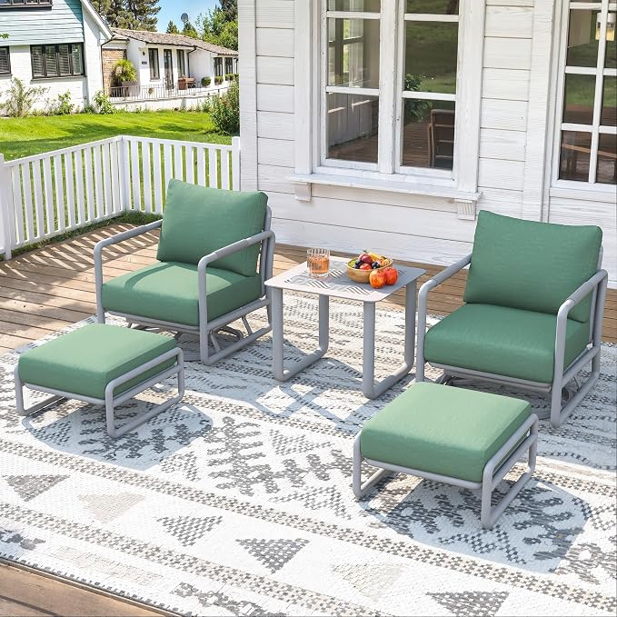 5-Piece Aluminum Outdoor Swivel Rocker Set with Ottomans, 6.5" Thick Cushions & 380LBS Capacity, Side Table Included for Porch, Backyard
