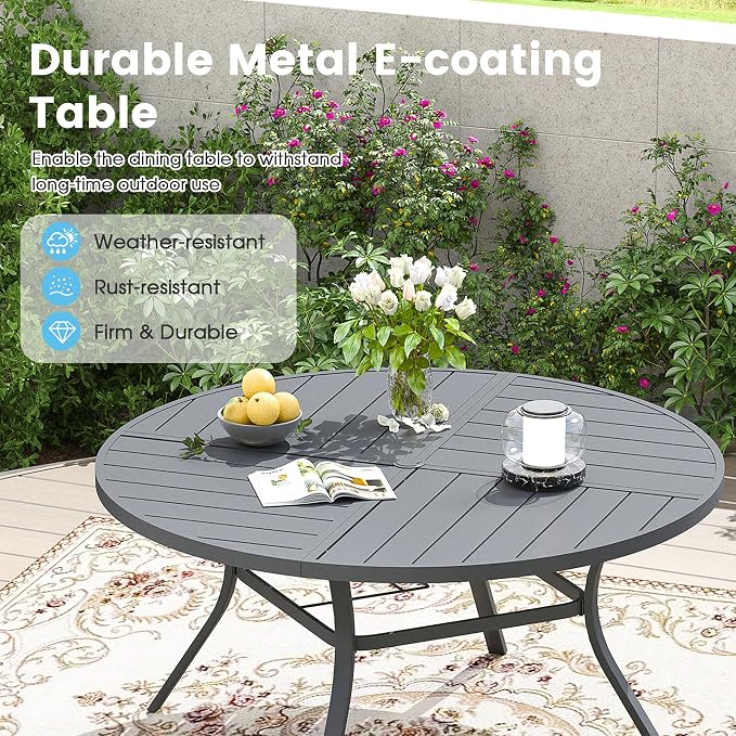 Patio Dining Table for 6-8, Round Metal Outdoor Table with Storage Shelf, 1.57" Umbrella Hole, 53" Outdoor Quartered Tabletop Dining Table for Backyard, Porch, Lawn, Dark Grey