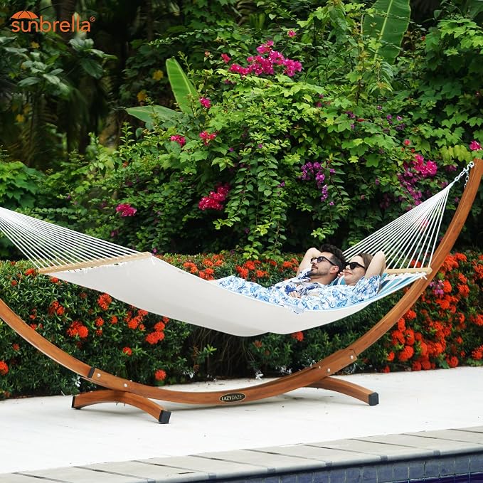 Lazy Daze Hammocks 12 FT Sunbrella Fabric Quilted Hammock Double Sunbrella Quilted Hammock with Spreader Bars & Pillow, All Weather and Fade Resistant for Outdoor, 450 lbs Capacity, Token Surfside