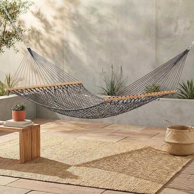 Fab Habitat 12-14 ft Adjustable Quick Dry Recycled Polyester Rope Hammock, Fade Resistant, 2 Person Indoor/Outdoor (460lbs Capacity) for Patio, Poolside, Backyard, Garden, Balcony, Miami - Charcoal