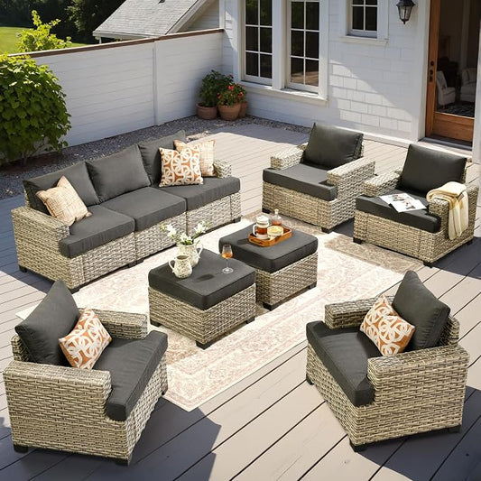 9 Pcs Outdoor Sectional Patio Furniture Set with Ottomans - All Weather Wicker Modular Outside Sectional Couch,Patio Seating Outdoor Conversation Sets for Deck Yard Garden,Black