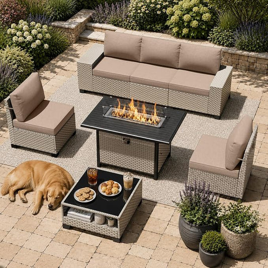 7-Piece Outdoor Patio Furniture Set with Fire Pit, Modular Sectional Sofa Set with Glass Coffee Table and Cushions, Wicker Outdoor Couch Conversation Sets, Khaki