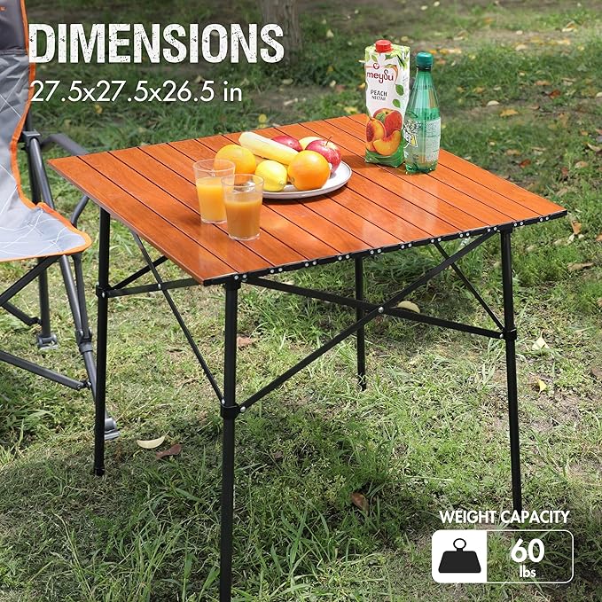 Portal Lightweight Aluminum Folding Square Table Roll Up Top 4 People Compact Table with Carry Bag for Camping, Picnic, Backyards, BBQ, Brown