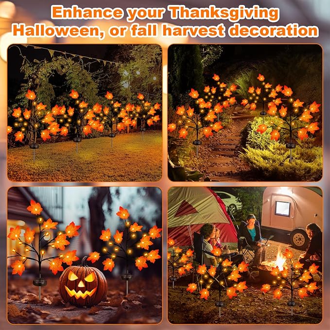 Rossesay 4 Pack Outdoor Fall Solar Lights Decorations Thanksgiving Waterproof Orange Maple Leaf Lights, Autumn Artificial Tree for Halloween Christmas Party Yard Garden Decor, 10 LED 8 Modes