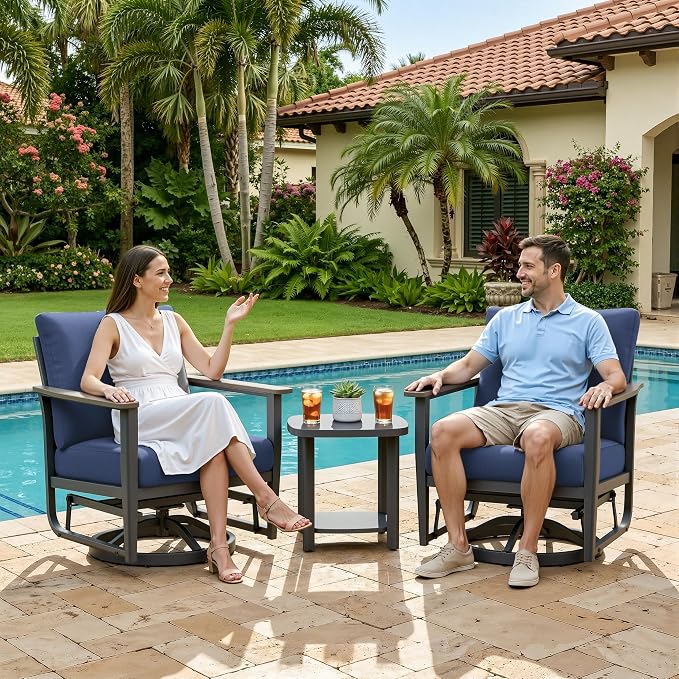 Aluminum Patio Swivel Rocking Chair Outdoor Bistro Set, 3PCS Patio Conversation Set Outdoor Patio Furniture Set with High Backrest & Thickened Cushions for Garden, Deck and Balcony, Navy Blue