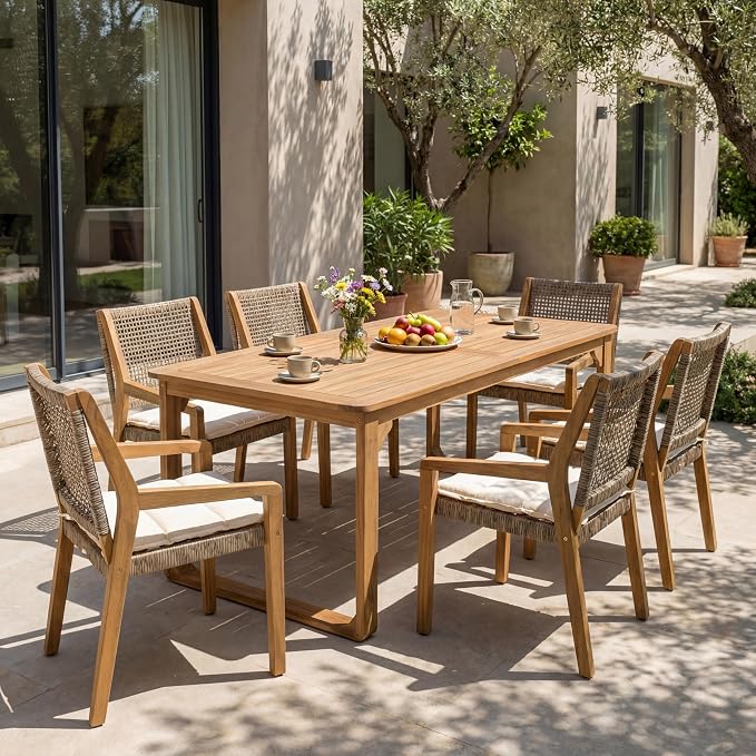 Christopher Knight Home Samma Acacia Wood Outdoor Dining Set for 6, Patio Dining Table Set for 6, Outdoor Dining Table and Sled Base, Dining Chairs with Cushion + Wicker Backrest, Teak+Brown+Cream