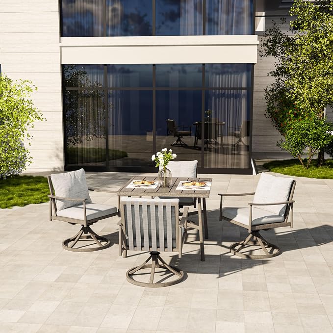 HAPPATIO 5-Piece Outdoor Dining Set for 4, Aluminum Patio Dining Set Includes 1 Large Square Table with Umbrella Hole & 4 Swivel Dining Chairs, Patio Furniture Set for Lawn, Porch, Backyard (Grey)