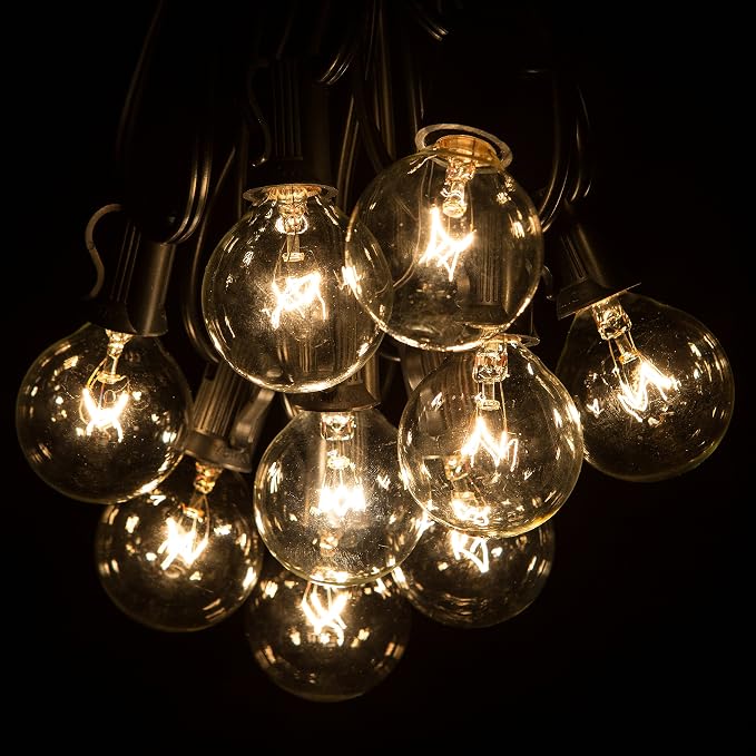 50 Foot Globe String Lights - Set of 50 G40 Clear Bulbs - Black Wire | (+ 2 Free Spares) for Patio Deck Gazebo Cafe and Party Lighting