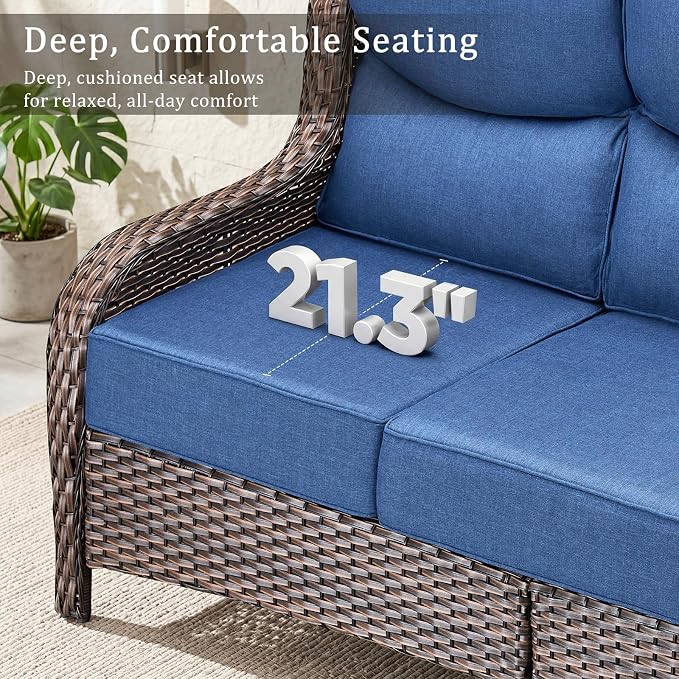 Luxury High Back Outdoor Furniture with 6-Inch Thick Cushions, Patio Furniture Set with Swivel Chairs, 8 PCS Wicker Conversation Set for Porch, Balcony, Deck and Yard