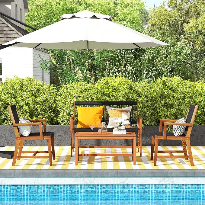 HAPPYGRILL 4 Pieces Patio Furniture Set Acacia Wood Conversation Set with Hand-Woven Rope Design, Ergonomic Loveseat & Single Chairs, Wooden Chair & Table Set for Porch Yard Poolside
