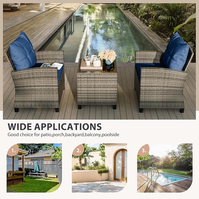 Vongrasig 3 Piece Patio Furniture Set Small Outdoor Wicker Rattan Front Porch Bistro Set Cushioned Patio Chairs Conversation Set with Glass Table for Lawn, Garden, Backyard, Balcony, Poolside (Blue)
