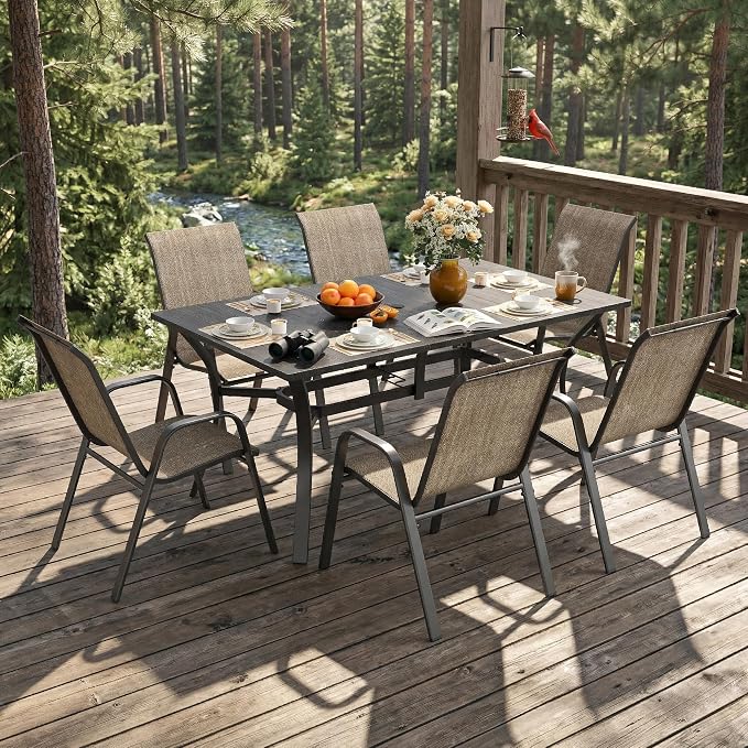 KEIKI 7-Piece Outdoor Patio Dining Set for 6, Waterproof Patio Table and Chair, 63" x 38" Rectangular Wood-Grain Metal Table with Umbrella Hole for Lawn Garden Backyard, Black+Brown
