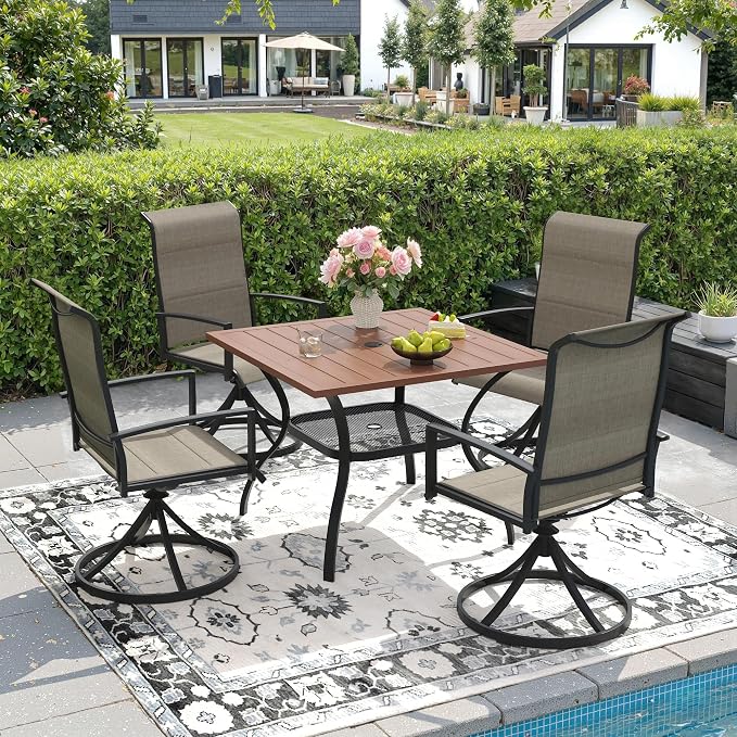 DIFY 5 Piece Outdoor Patio Dining Set for 4, 37.8" Walnut Square Metal Dining Table and Swivel Patio Chairs with Brown Padded Textilene, All-Weather Outdoor Furniture Set for Garden Backyard Porch