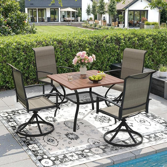 DIFY 5 Piece Outdoor Patio Dining Set for 4, 37.8" Walnut Square Metal Dining Table and Swivel Patio Chairs with Brown Padded Textilene, All-Weather Outdoor Furniture Set for Garden Backyard Porch