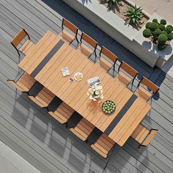 Pellebant 13 Piece Patio Table and Chairs Set, Aluminum Outdoor Dining Set with Umbrella Hole, 118" Dining Table & Stackable Chairs, Weather Resistant Teak Wood Grain Finish for Deck, Porch, Backyard