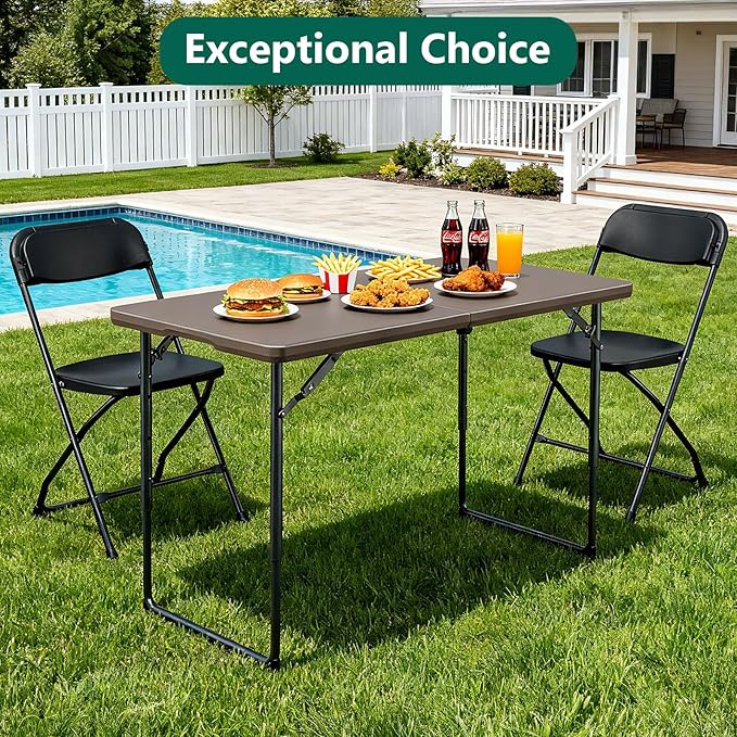 4ft Folding Table, Foldable Picnic Table Portable Table for Indoor Outdoor Use Heavy Duty Plastic Table Camping Table for Party, BBQ, Khaki