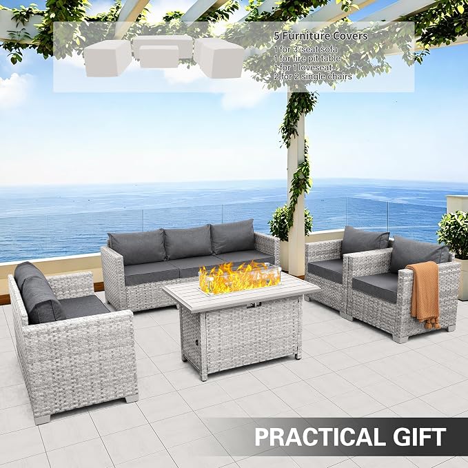 WAROOM Patio Furniture Set 5 Piece Outdoor Furniture with Fire Pit Table, Grey Wicker Sectional Sofa Couch Sets Backyard Deep Seating PE Rattan Chairs with Grey Cushion