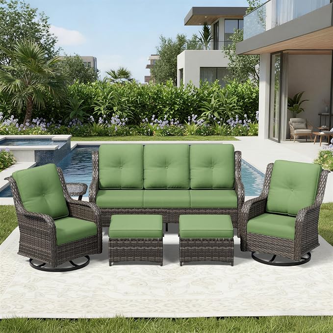 Joyside 6 Piece Wicker Patio Furniture Set, Outdoor Swivel Rocker Patio Chairs with High Back, Deep Seating, Wide Armrest, Thickened Cushions, Outdoor Furniture for Deck, Porch Use