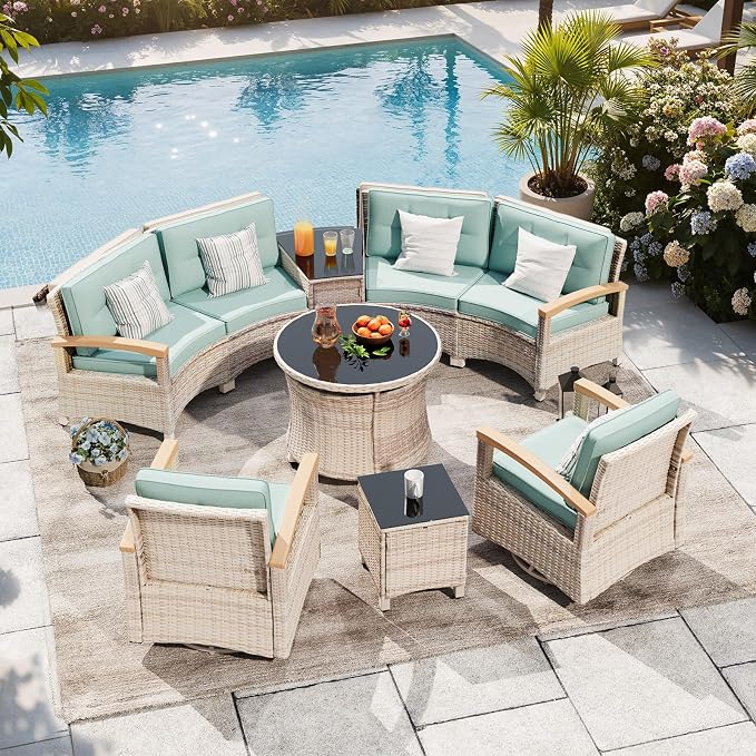 MEISSALIVVE 9-Piece Half-Moon Curved Outdoor Patio Furniture Set, Sectional Conversation Sofa with 2 Swivel Glide Chairs, Round Coffee Table for Backyard Deck Garden, Blue