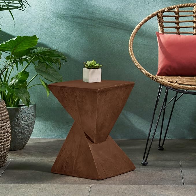 Christopher Knight Home Novi Outdoor Side Table, Geometric-Shaped Accent Side End Table, Garden Stool for Patio Balcony Beach Pool, Lightweight Concrete, Wood-Like Texture, Dark Brown