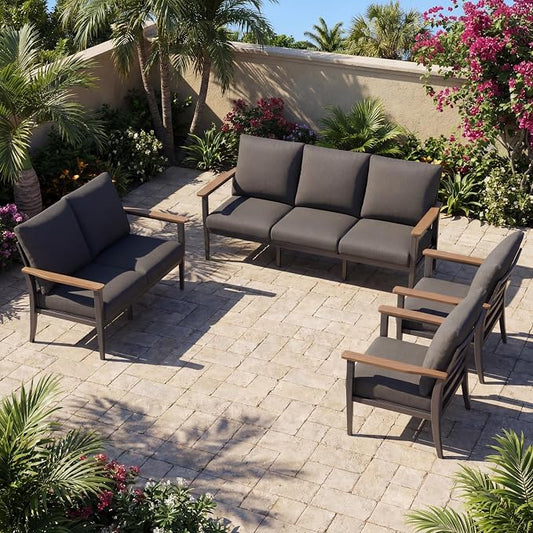 Aluminum Outdoor Patio Furniture Set 7-Seat, Patio Conversation Set Sectional Furniture Set with High Backrest & Thickened Cushions for Garden, Backyard, Poolside, Dark Grey