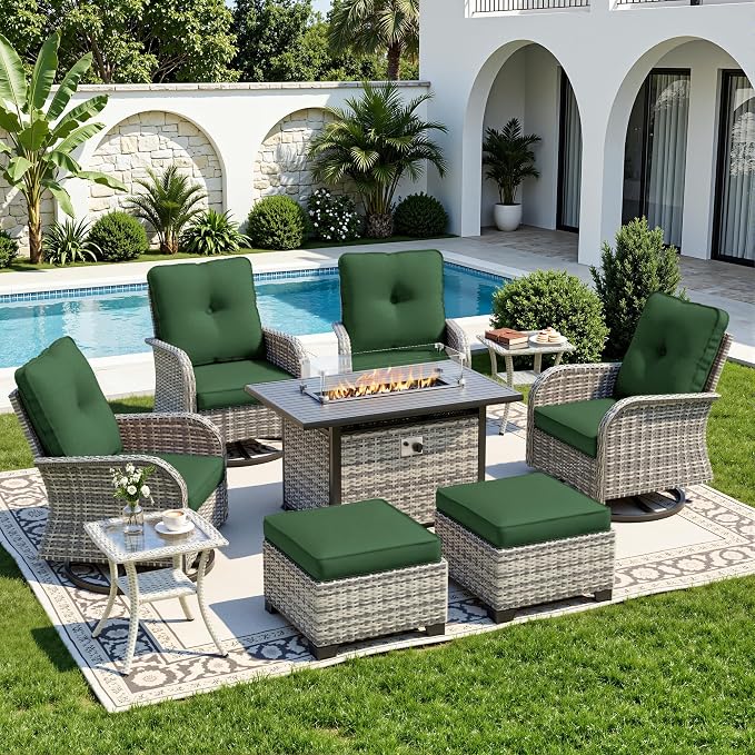 9-Piece Small Patio Furniture Set, Outdoor Swivel Rocking Chairs Set with 55,000 BTU Fire Pit Table Wicker Chairs and Ottomans, Patio Bistro Set for Balcony, Deck, Porch,Dark Green