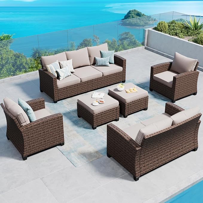 SUNSHINE VALLEY Patio Furniture Set Outdoor Furniture Brown Wicker Rattan Patio Conversation Sets with Cushion Outside Sofa Set,6 Pieces 9 Seats,Beige