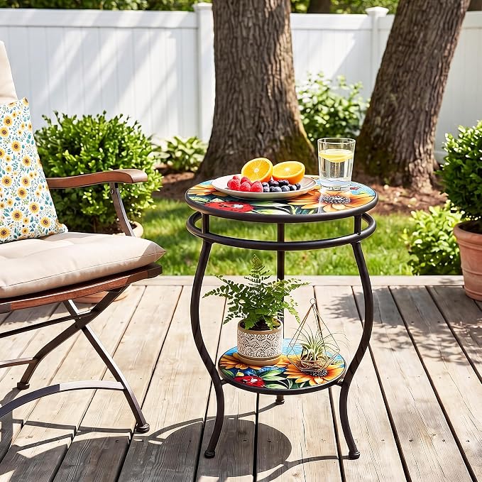 Outdoor Side Table Round with Storage 2-Tier Patio Small Outdoor Table Weather Resistant for Outside Balcony Porch Garden