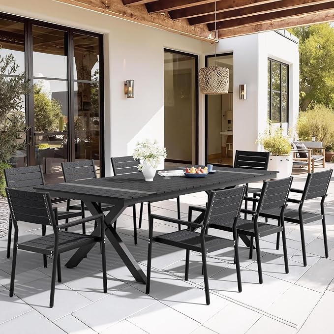Pellebant Outdoor Dining Set for 8, 9 Pieces Aluminum Patio Table and Stackable Armrest Chairs with Umbrella Hole & Wood-Like Top, Black