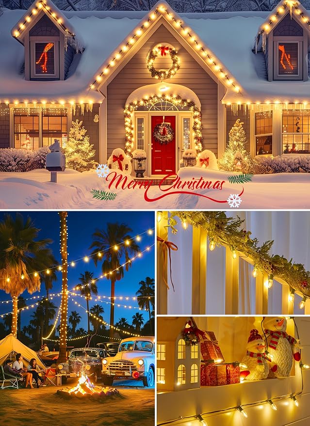 Vintage C9 Christmas Lights Outdoor, 50Ft 25 LED Warm White String Lights | Waterproof Shatterproof Connectable Christmas Tree Lights for House Outside Roofline Patio Yard Home Xmas Decorations