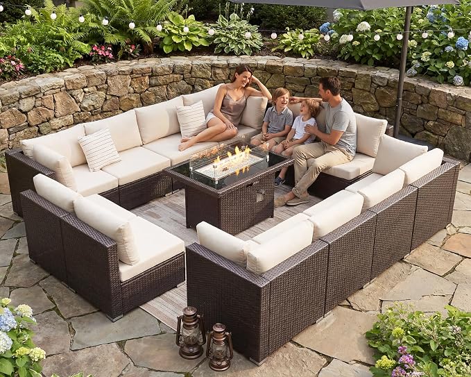 BULEXYARD 13 Piece High Back Wicker Patio Furniture Sets with Fire Pit, All-Weather Heavy Duty Outdoor Seating Set Modular, Extra Deep Wide 12-Person Sectional Couch Sofa for Backyard, Brown & Beige