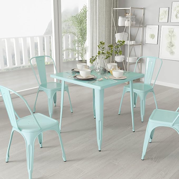 Merrick Lane Nash Indoor-Outdoor Dining Table Only - Mint Green Powder Coated Finish - 31.5" Square Top - 27.25" Wide Base - Bracing for Added Stability