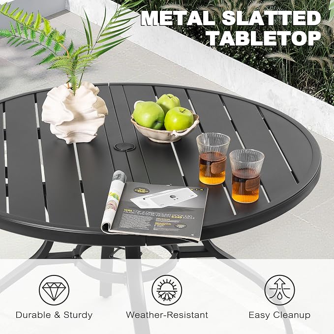 NUU GARDEN 5-Piece Patio Dining Set with Umbrella Hole, Stackable Textilene Chairs with High Back and Faux Wood Armrests, All-Weather Outdoor Dining Set Patio Furniture Set, Black and Khaki