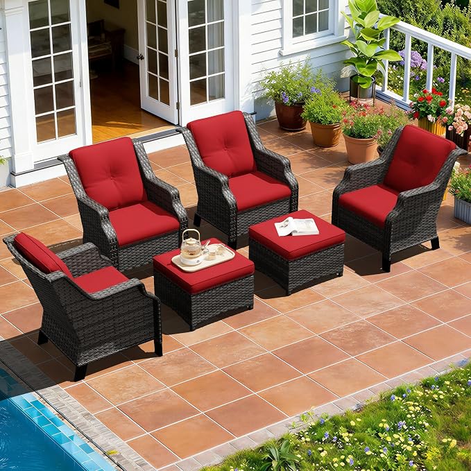 Outdoor Patio Furniture Set, 6 Piece Wicker Patio Furniture with Thick Cushions, Curved Armrest, Deep Seating, Rattan Outdoor Chairs for Porch, Deck, Balcony