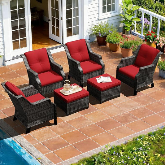 Outdoor Patio Furniture Set, 6 Piece Wicker Patio Furniture with Thick Cushions, Curved Armrest, Deep Seating, Rattan Outdoor Chairs for Porch, Deck, Balcony