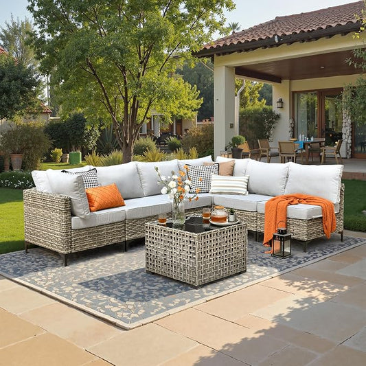 7 Piece Outdoor Patio Furniture with Glowing Coffee Table, Rattan Wicker Conversation Set with Sofa, Sectional Single Chairs for Outside Porch Balcony Backyard Pool,Light Grey
