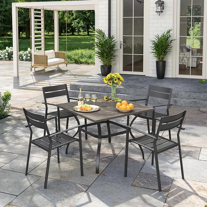 VICLLAX Patio 5 Pieces Outdoor Dining Set for 4, Wrought Iron Metal Outdoor Table and Chairs Set, 38" Square Table with Umbrella Hole and 4 Stackable Chairs for Lawn, Garden, Porch, Grey/Black
