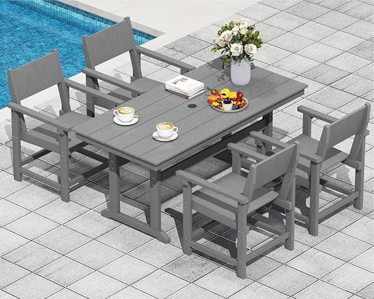 5-Piece HDPE Outdoor Patio Dining Set,Outdoor Table and Chairs,Modern Plastic Dining Sets with Umbrella Hole Cut-Out Table and 4 Chairs Gray