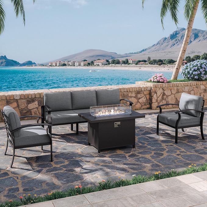 Kurapika Aluminum Patio Furniture Set 5-Seat Modern Metal Outdoor Conversation Sets w/45in Propane Fire Pit Table, w/5.1 Inch Cushion Patio Sectional Sofa w/5.1 inch Cushion, Grey